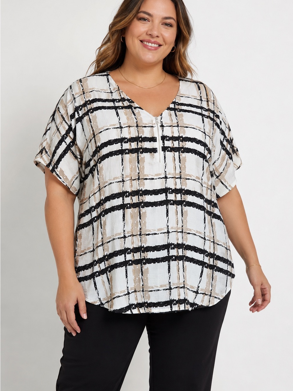 Plus Size Cream Plaid V-Neck Short Sleeve Blouse